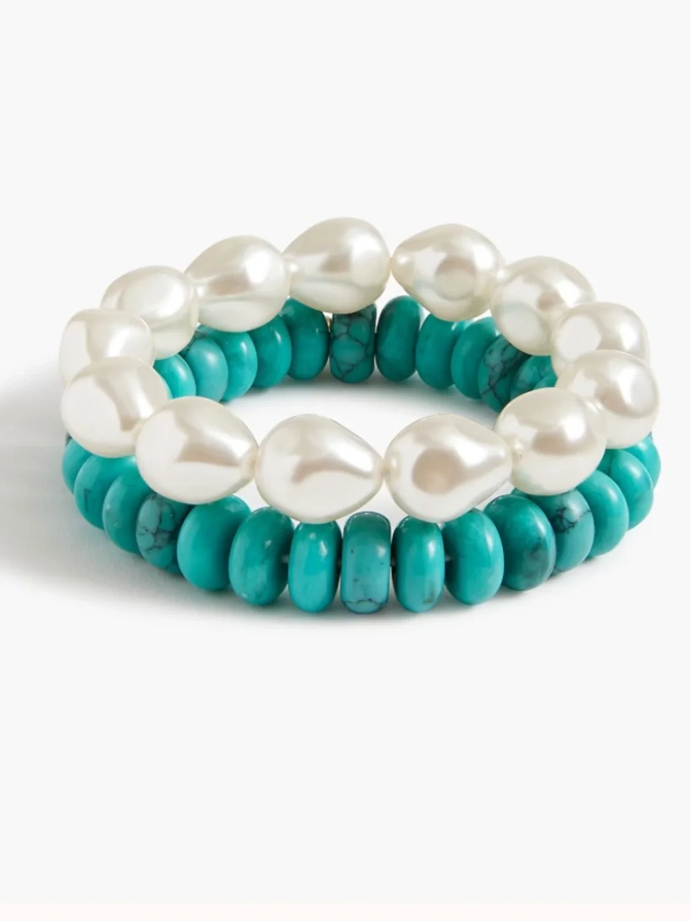 J Crew Bracelet Stack Chunky Pearl and Turquoise Bead on Stretch Elastic NWOT
